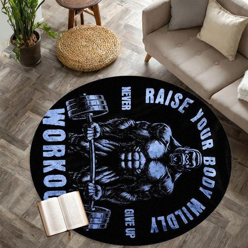 Muscle Man Workout Quote Round Rug Flannel Gym Motivation Floor Mat Home Fitness Zone Bodybuilding Inspiration Black Background
