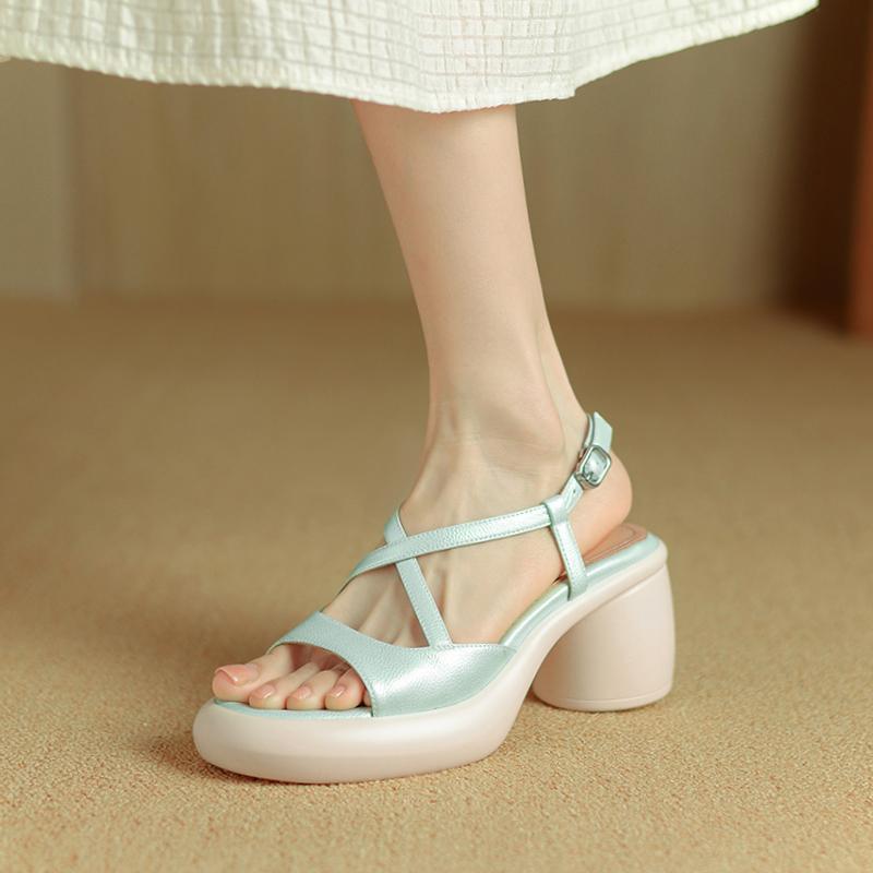 Huge Exquisite~ Huge Easy To Wear~ High-End Pearlescent Thick Heels High Heels Fashionable Cross-Strap Open-Toed Women'S Sandals