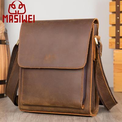 Men's Vintage Crazy Horse Leather Crossbody Bag - Large Capacity Genuine Cowhide Shoulder Bag