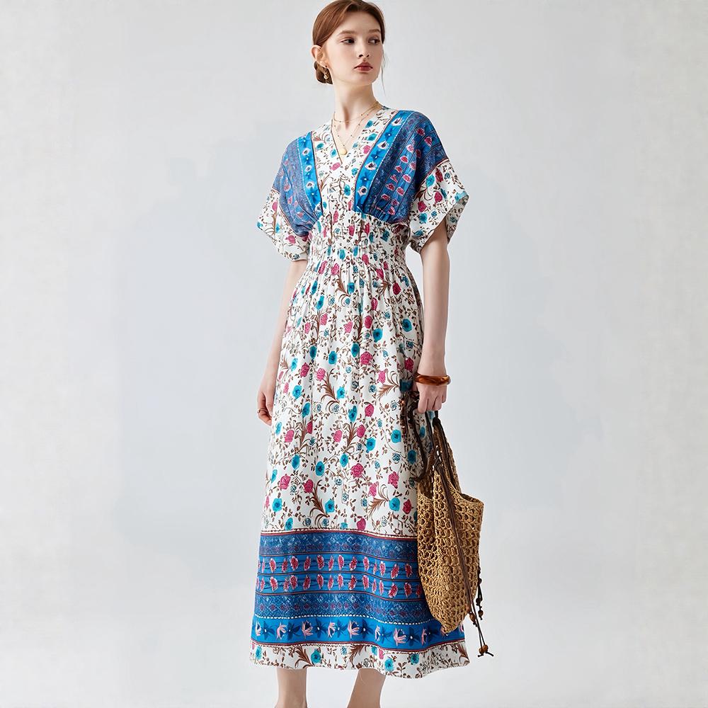 Bohemian-Style Cotton-Silk V-Neck Batwing Print Dress Summer Casual Vacation Beach Dress