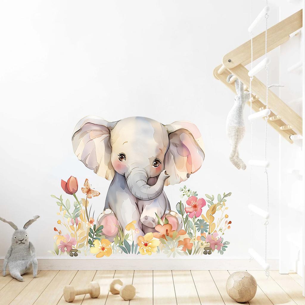 Cute Watercolor Baby Elephant with Flowers Wall Stickers, Ins Style Self-Adhesive Decor for Kids Room Wall Decoration
