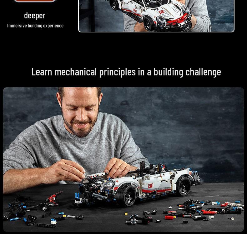 Model samochodu sportowego Porsche 911RSR: Zdalne sterowanie i montaż DIY kompatybilny z Lego