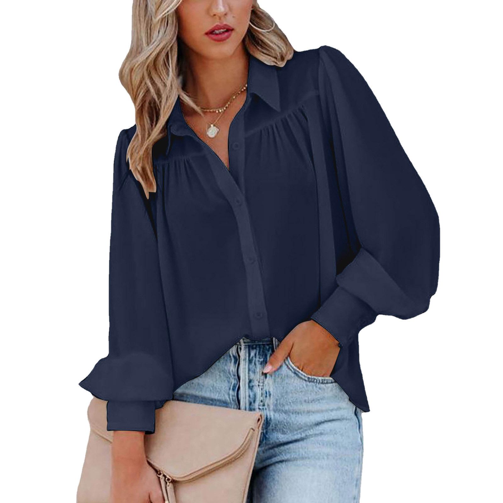 

Women s 2025 Long Sleeve Solid Color Stand Collar Button-up Top with Lantern Sleeves Small темно-синий