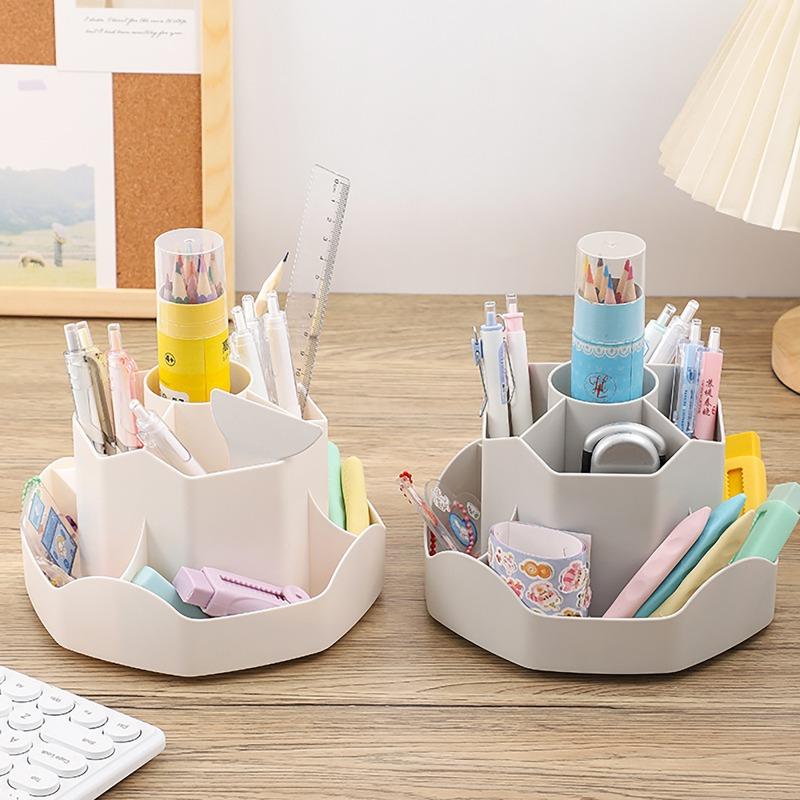 Rotating Pen Holder Multi-Compartment Storage Caddy Large-Capacity Desktop Stationery & Cosmetic Storage Box for Dorms Office