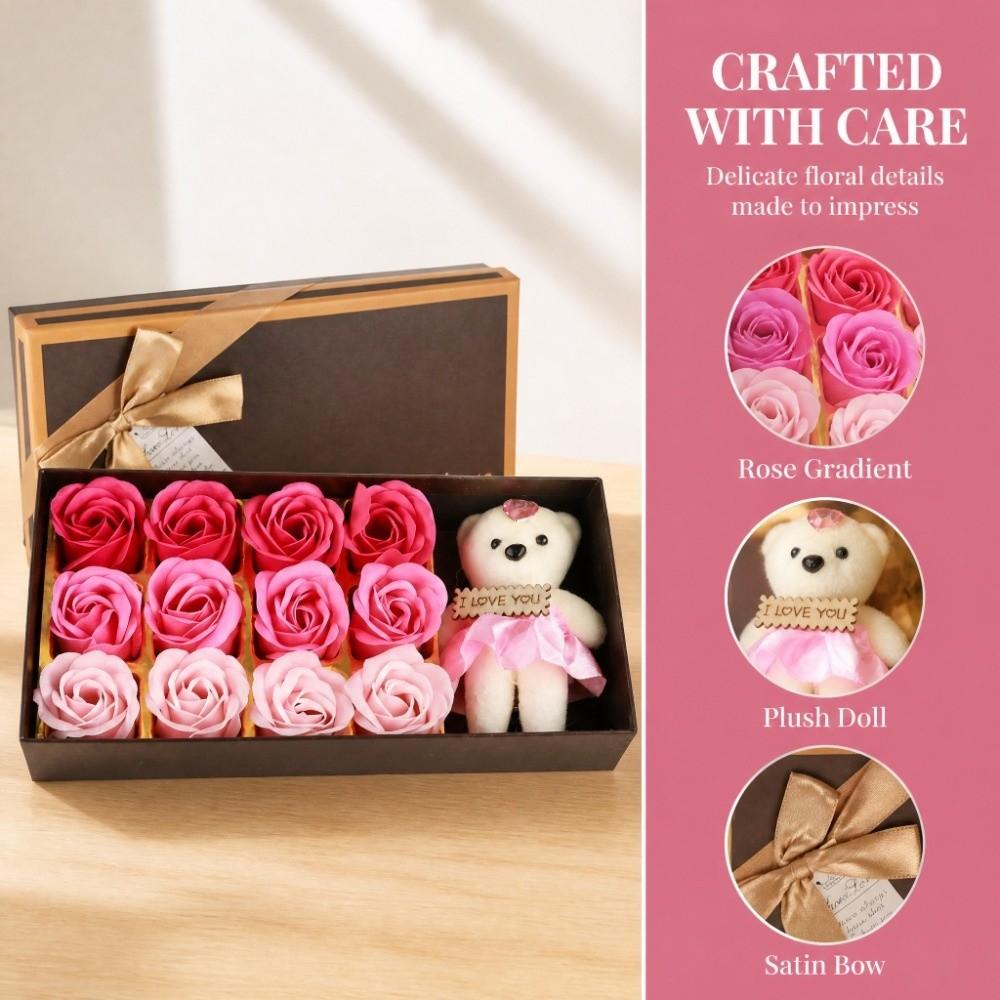 Pink Color Rose Flower Plush Bear 12 Bouquet Romantic Bear Soap Flower Bear  Romantic Occasion