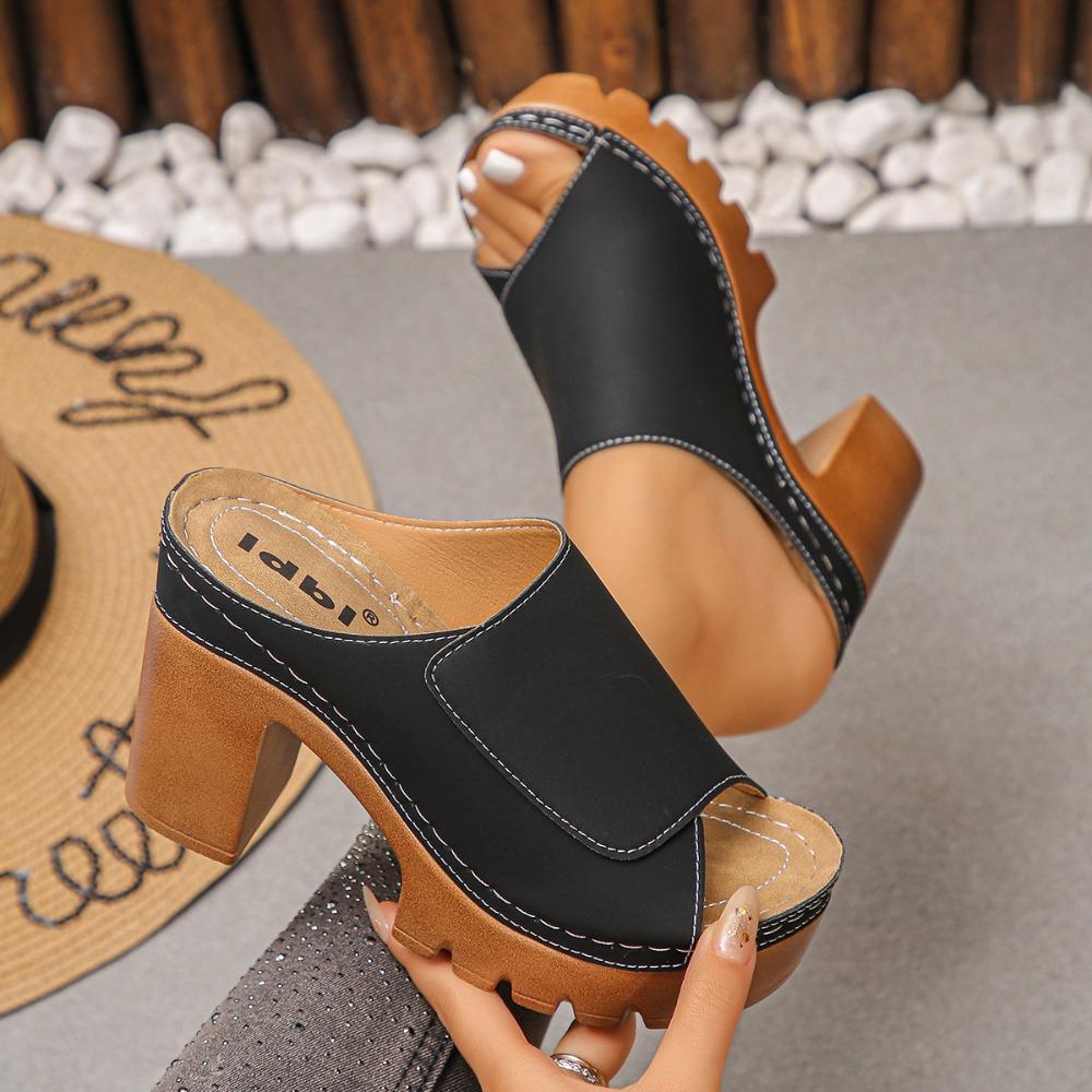 Plus Size Women Summer One Strap Thick Platform Chunky Heel Fish Mouth Slide Sandals Open Toe Height Increasing Beach Outdoor Shoes