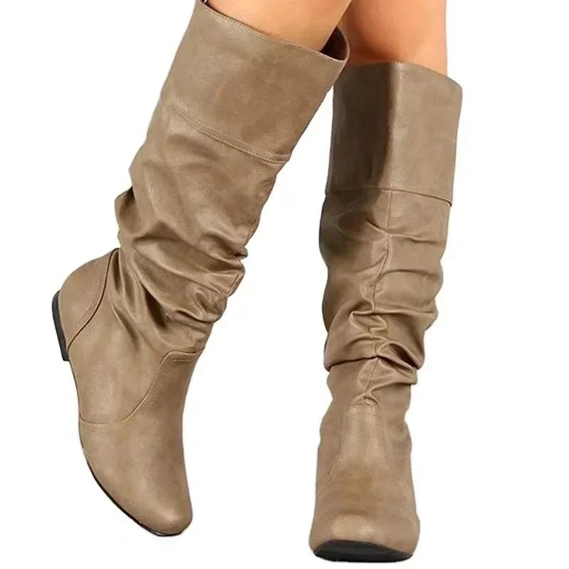 Women's Shoes 2025 Hot Sale Sleeve Women's Boots Autumn Winter Round Toe Solid High Tube Low-heeled Plus Size Western Boots