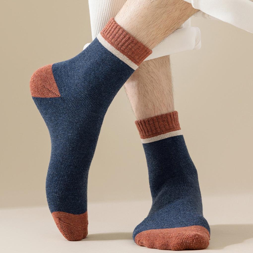 7 Pairs of Men's Winter Color Block Lined Pile Mid-Calf Socks