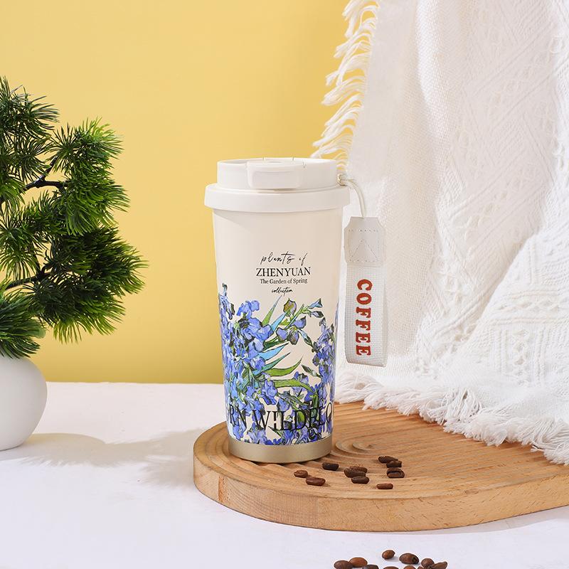 Water Bottle Pattern Stainless Steel Lily of the Valley Coffee Cup Accompanying Thermos Cup Large Capacity Double Drinking Straw Cup