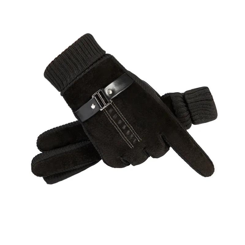 Gloves Men's Winter Cycling Motorcycle Windproof Cold Insulation Warm Leather Touch Screen Anti-Slip Thick Pile Black Gloves