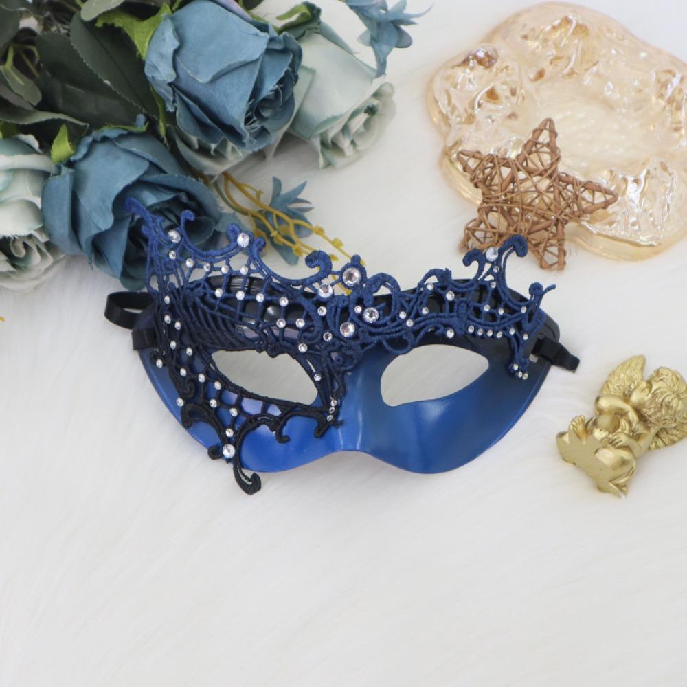 Rhinestone Decorated Party Mask Hollow Lace Plastic Rhinestone Mask Costume Props Half Face Masquerade Mask Masquerade Party синий