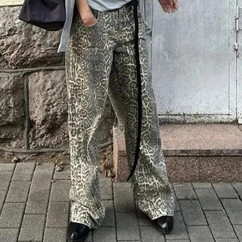 Leopard Jeans Women Y2k American Wide Leg Pants High Waisted Korean Style Retro Baggy Jeans Loose Oversized Straight Trousers