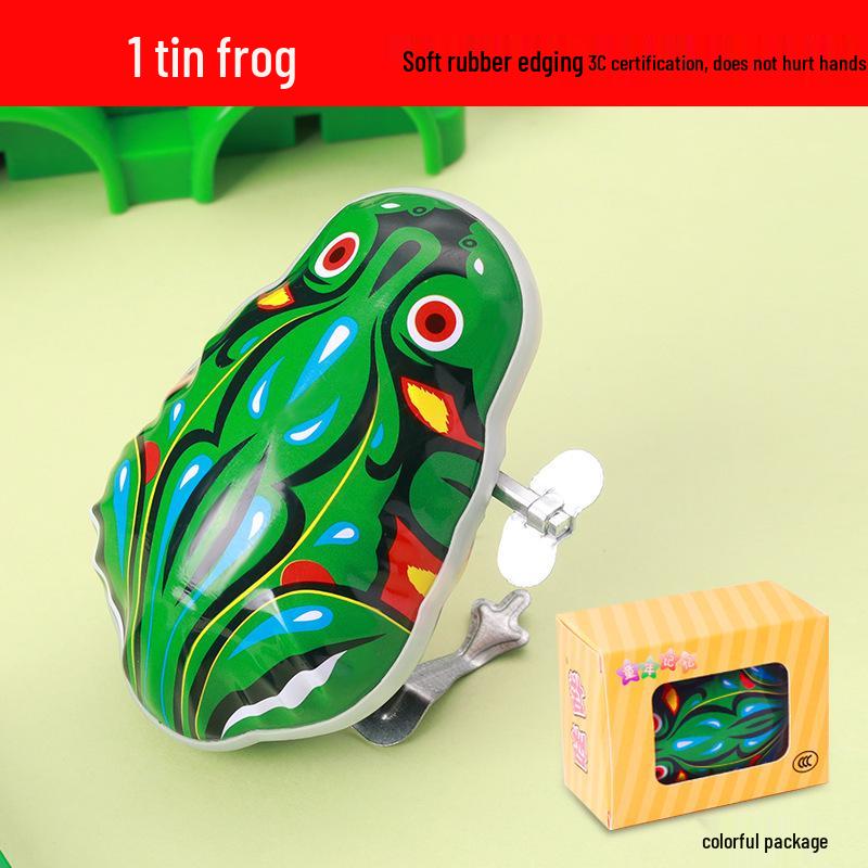 Vintage 80s-90s Wind-up Tin Frog Toy - Classic Spring-powered Hopping Animal for Kids