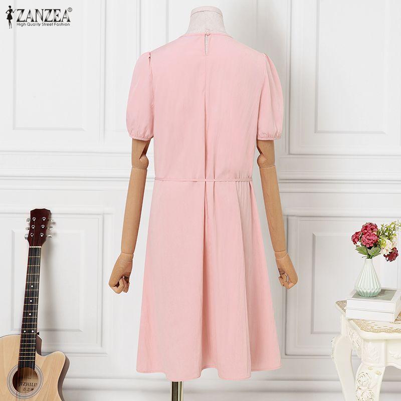 ZANZEA Womens Lace Patchwork Casual Round Neck Short Sleeve Elegant Dress