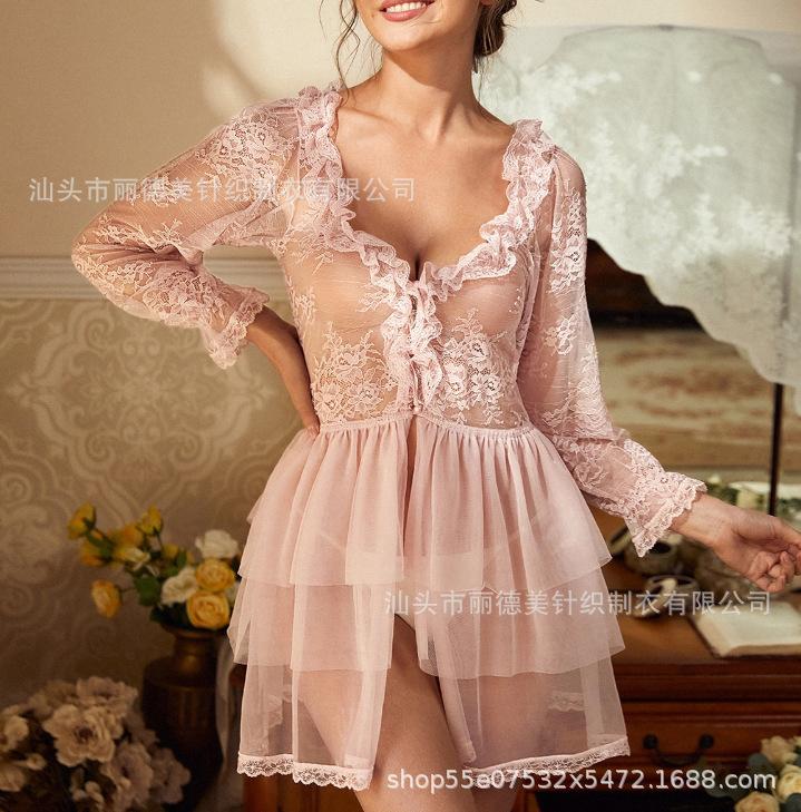 European and American women's perspective pajamas lace transparent mesh nightgown bride wedding sexy nightgown