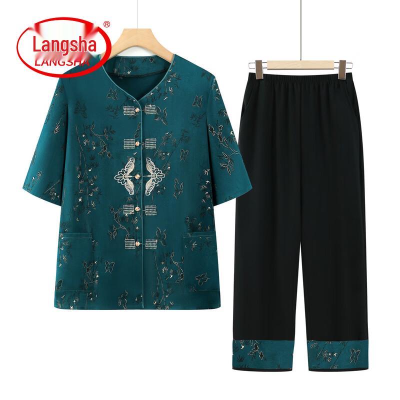 LANGSHA Women's Summer New Chinese Style Tang Suit Two-Piece Set