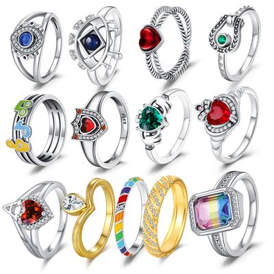 Nouvelle Bague en Argent 925 Originale Pierre Arc-en-ciel Cœur Bague Gardienne Émeraude pour Femmes Luxe Zircon Simple Bague de Doigt Bijoux Cadeaux