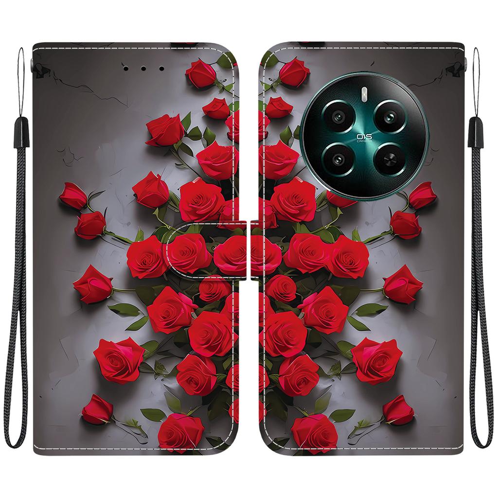 Handmade PU Leather Flip Case for Realme 12+ /Realme 12 Plus Anti-Slip Shockproof Cover with Wrist Strap & Heart/Rose Cat Designs