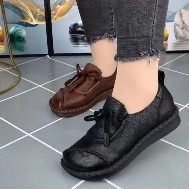 Spring Autumn Women Fashion British Style Round Toe Soft Sole Flats New Retro Casual Thick Sole Single Shoe Ladies Footwear 2025