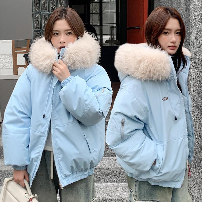 Womens Short Puffer Coat With Faux Fur Hood Winter Warm Cotton-Padded Jacket Loose Fit Casual Style