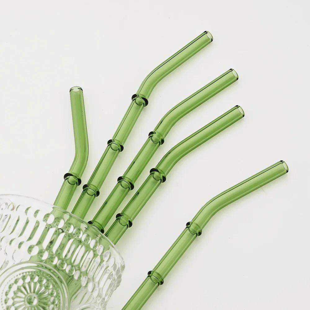 5/10Pcs Reusable Glass Straw with Brush Green Bamboo-shaped Straws Set Suitable for Milkshakes Juices Coffee Bar Accessories