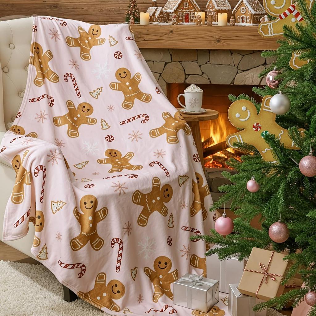 Pink Flannel Gingerbread Man Bed Blanket, Lightweight Cozy Christmas Blanket for Couch Sofa Bed Living Room Home Decor Gifts