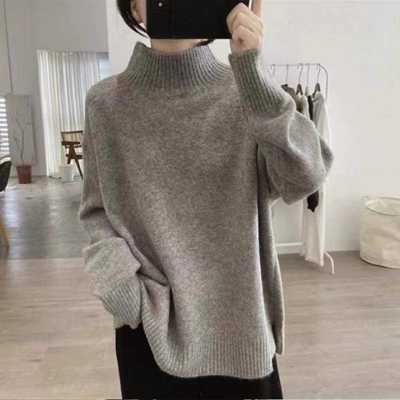 Høst og vinter ny løs og tynn avslappet myk voksaktig strikket genser topp ensfarget høyhalset genser damekåpe