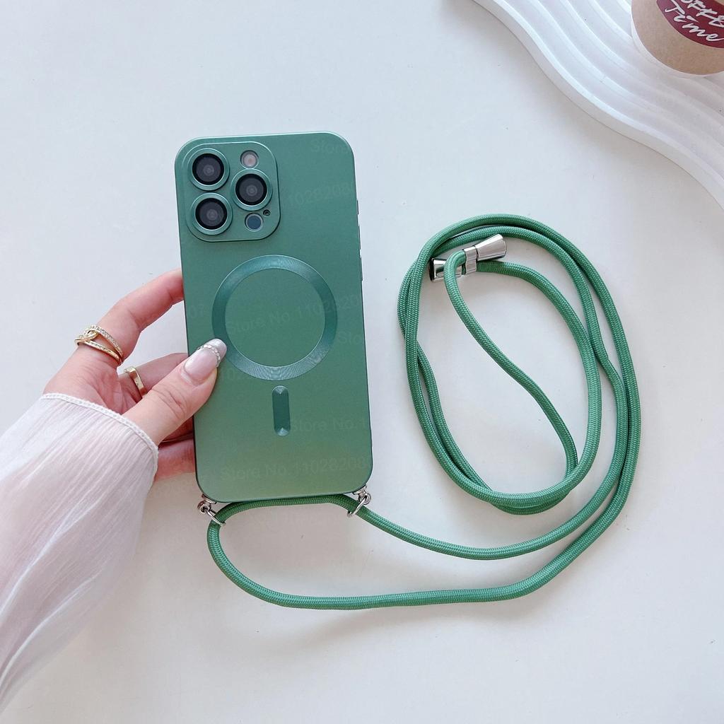 Fashion Magnetic Phone Case for IPhone 17 16 15 14 Plus 13 12 Pro Max with Crossbody Strap Shockproof Matte Lanyard Rope Cover