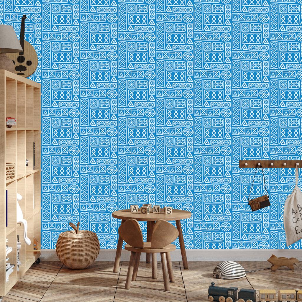 Polynesian Geometric Pattern Wallpaper Azure and Blue 50x1000