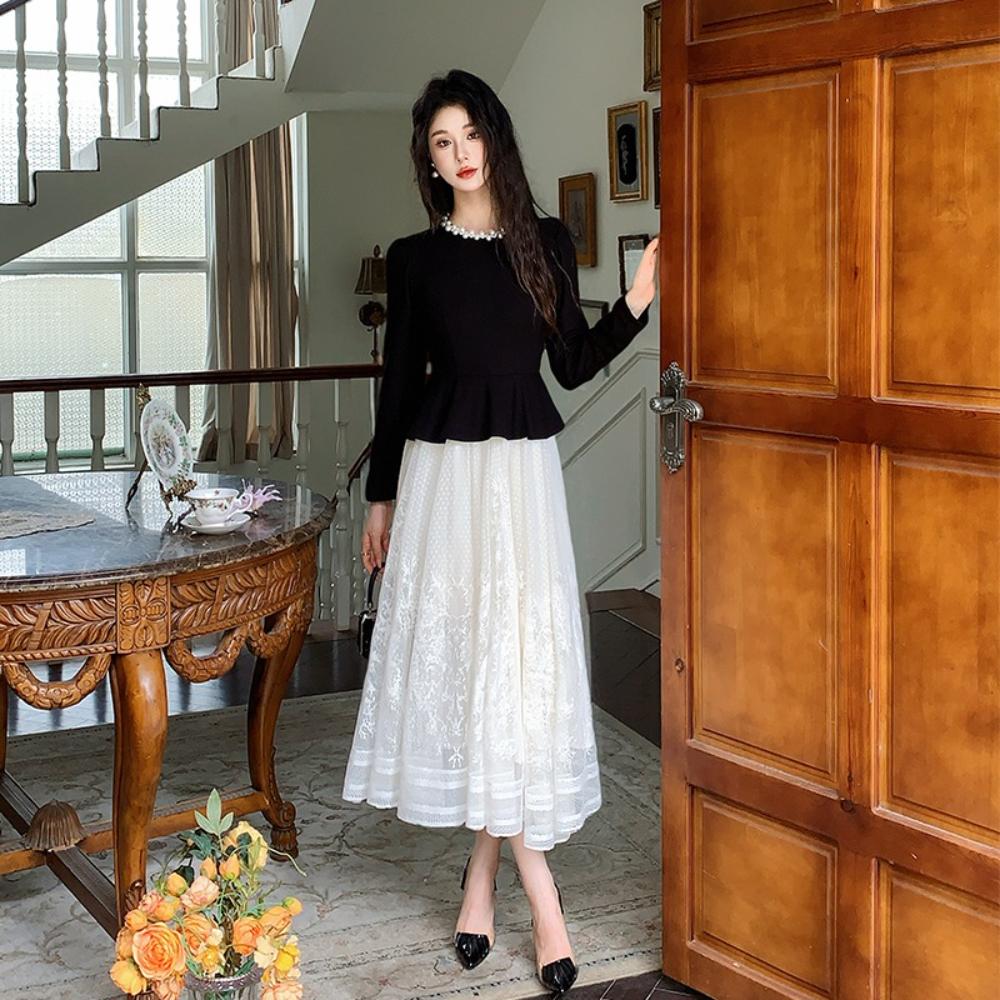 Retro Slimming Velvet Spliced Tulle One Piece Dress for Women Fashion Beaded O-neck Long Sleeves Temperament Dress Female