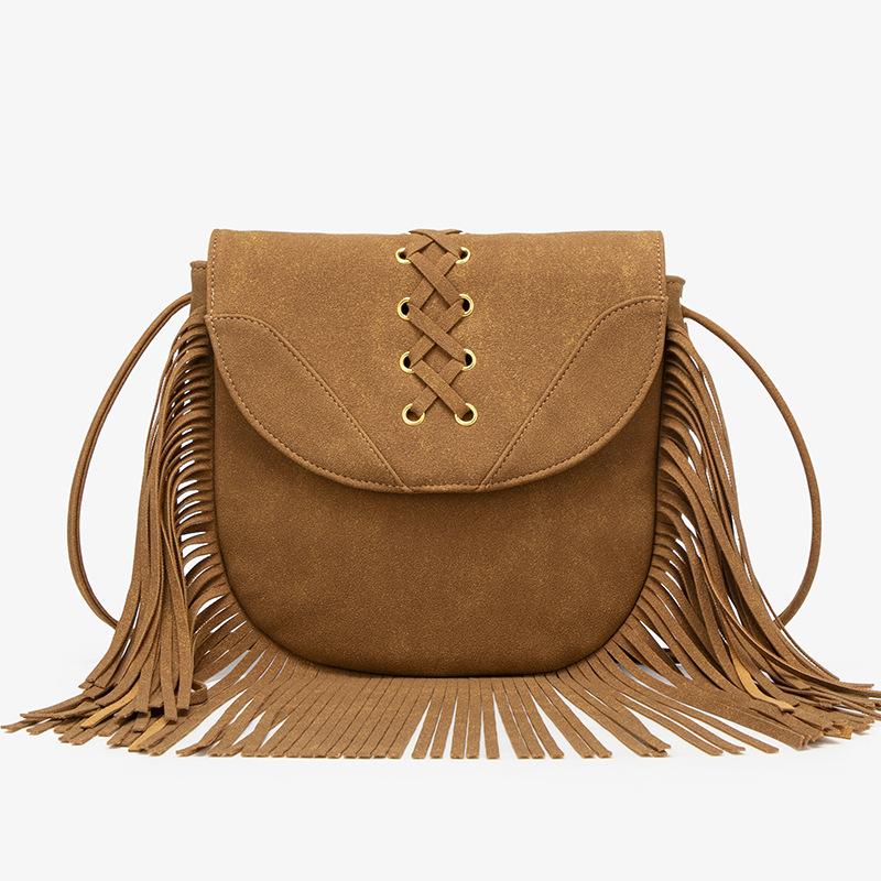 

Летняя мода Ретро шнуровка Женская сумка с кисточками, Ретро матовая Дорожная Большая вместимость Сумка через плечо коричневый