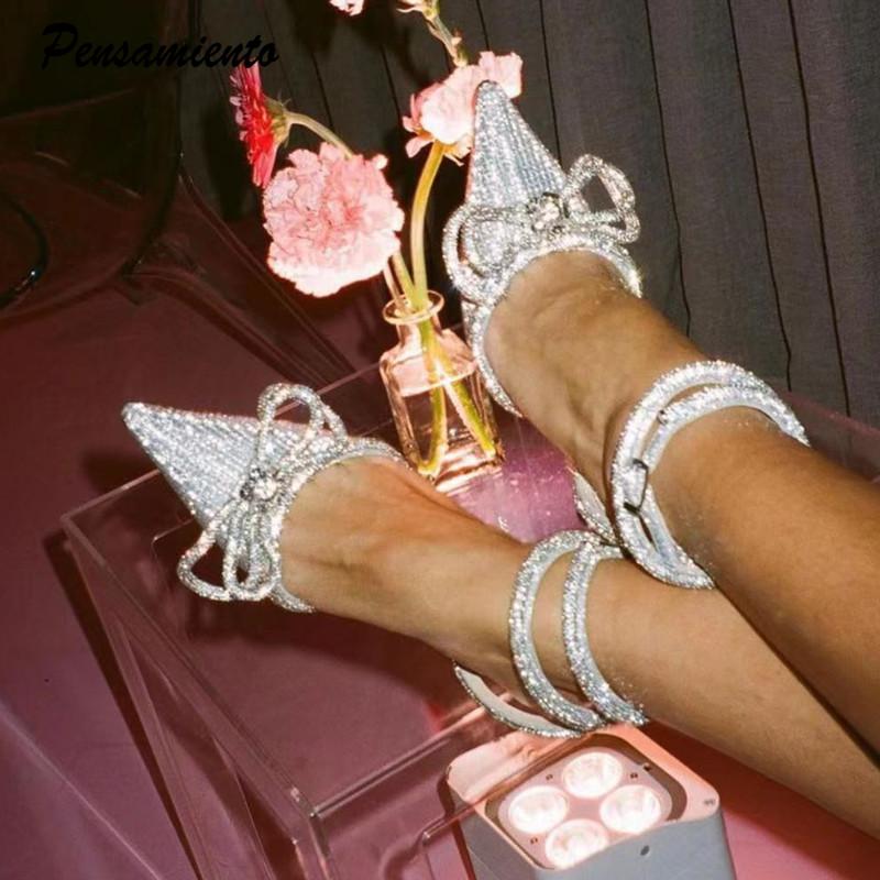 Ins style Glitter Crystal Women Pumps Sexy Ankle strap Rhinestones Bowknot Wedding High heels Summer Party Prom Shoes