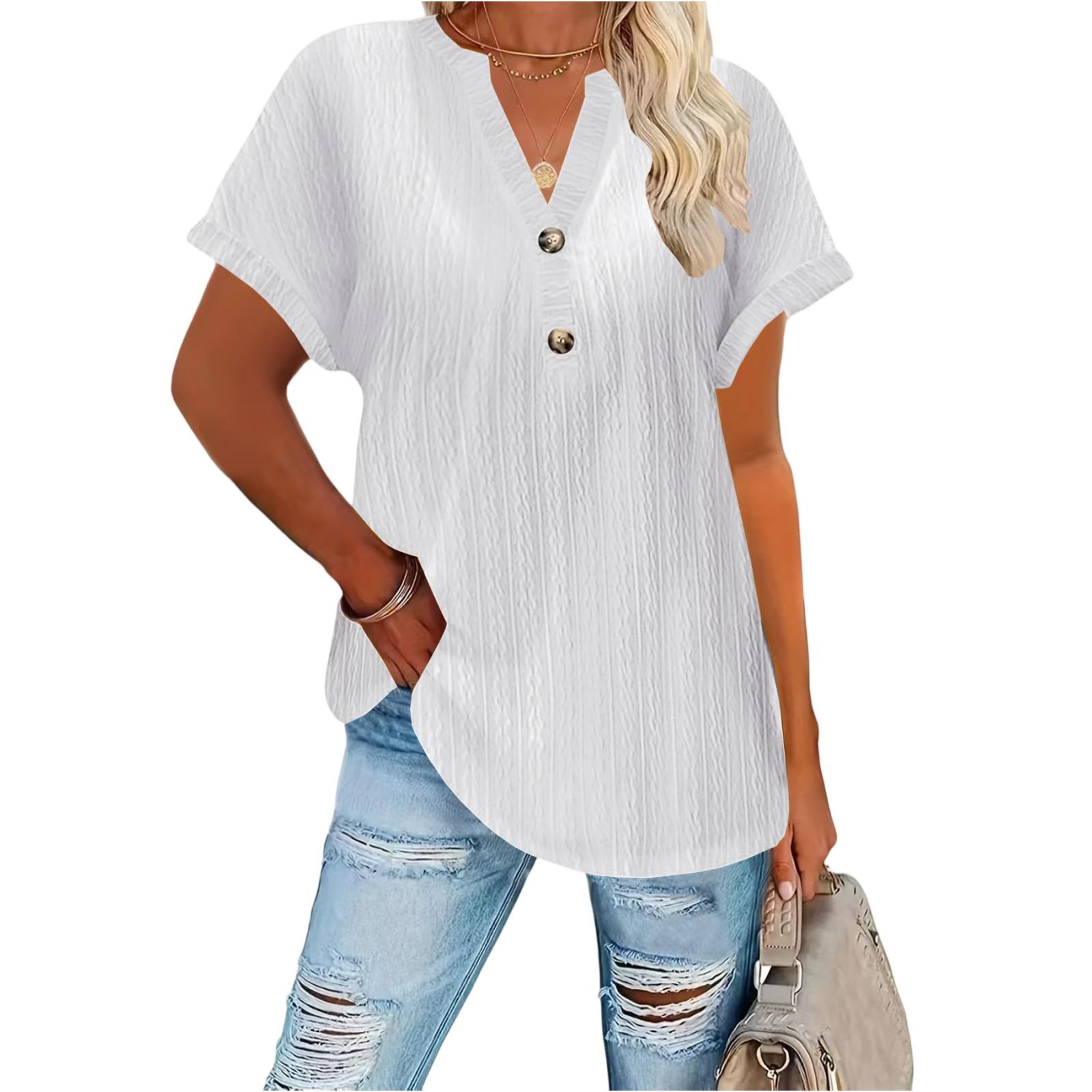Women s Fashion Casual Button-Up V Neck T Shirt Pullover Short Sleeve Top XL белый