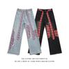 Schwarzer Schleifenband-Patchwork-Gerade-Jeans Frühling Neu Amerikanisch Hochtailliert Weiter Bein Bodenlang