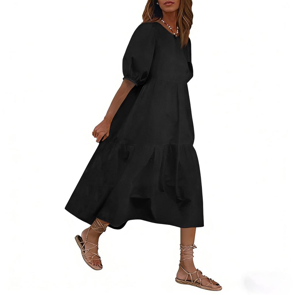 Fashion Women Loose Puff Sleeve Casual Short Sleeves Dress