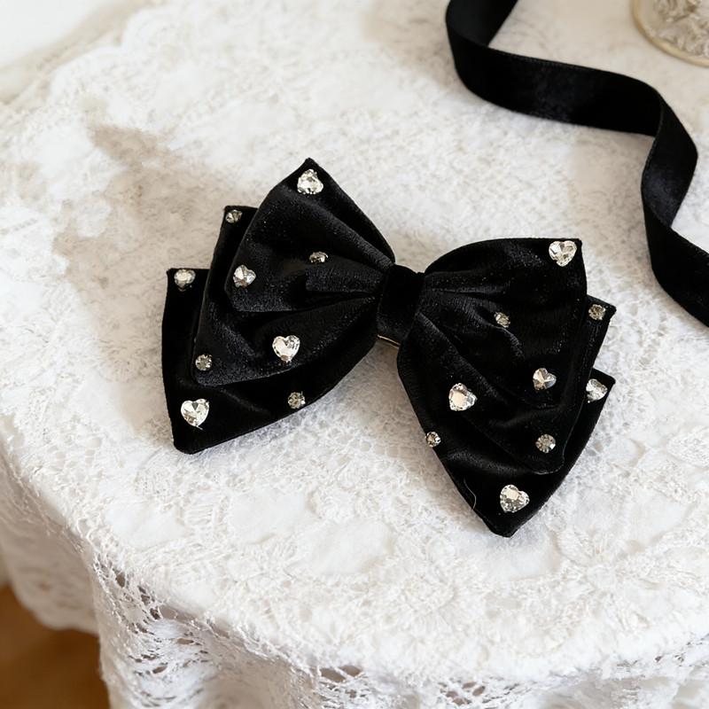 Elegant French Bow Rhinestone Hair Clip For Women Black Adorned Hairpin With Large Statement Bow Sparkling Hair Accessories