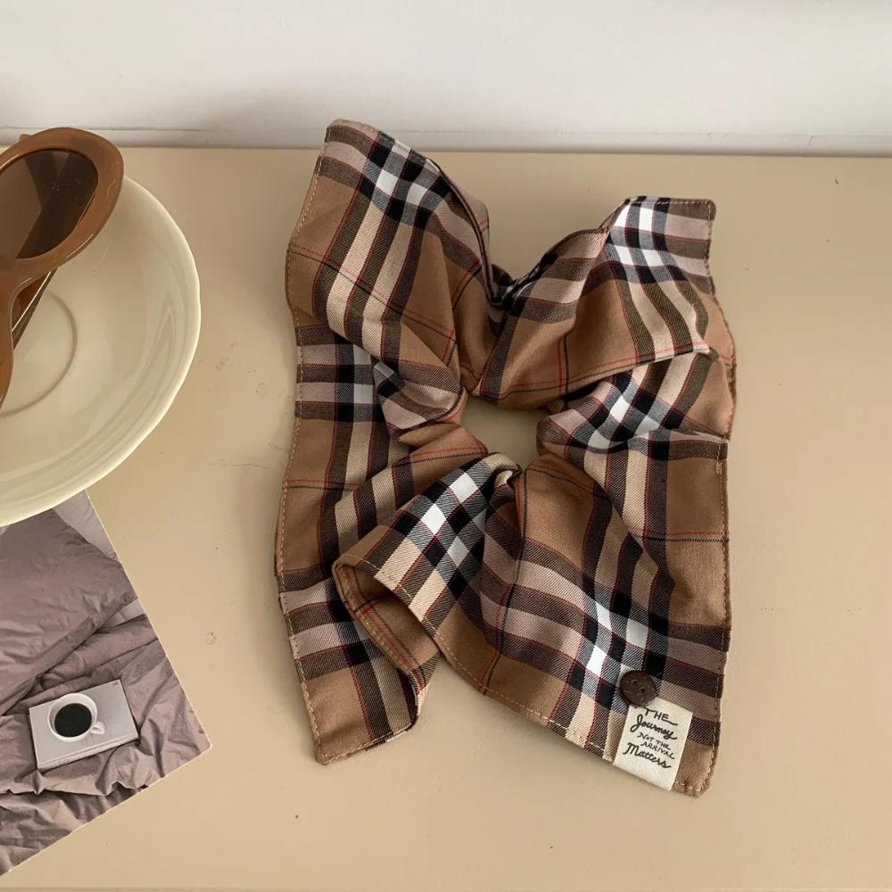 1PC Plaid Scarf Scrunchie - British Collegiate Style, Versatile Button Hair Tie, Elastic Hair Rope for Low Ponytails, Hair Acces кофейный