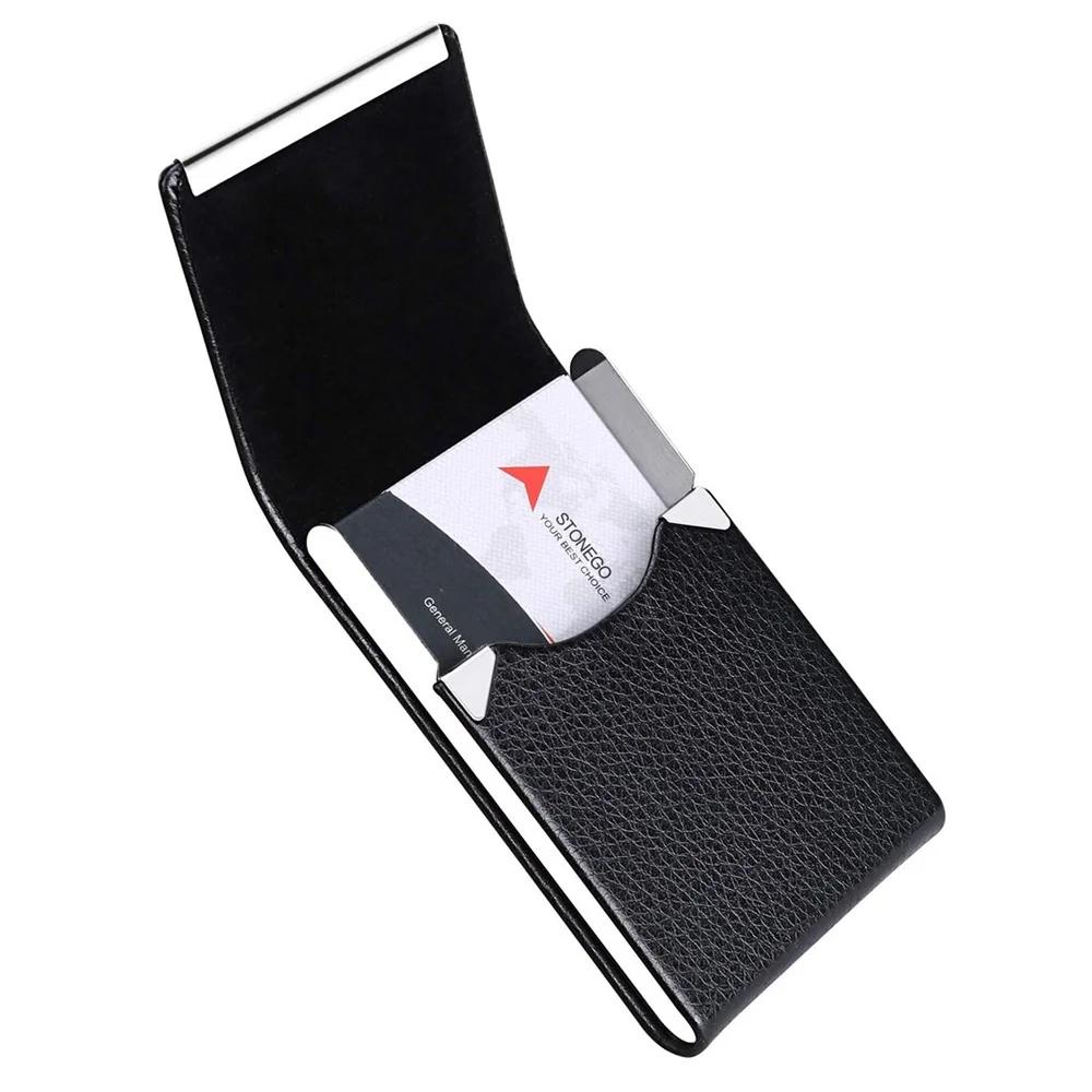 Slim Metal Pocket Business Card Holder Case with Magnetic Shut PU Leather Card Wallet ID Organizer for Men Women