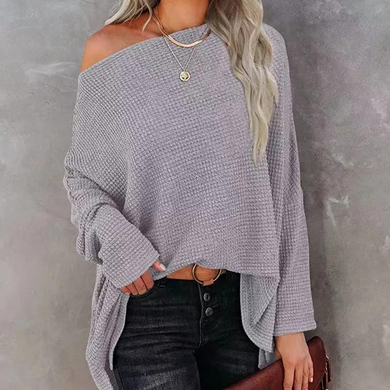 Women's Knitted Sweater Waffle Shoulder Slant Neck 2024 New Autumn Winter Women's Regular Loose Pullover Top
