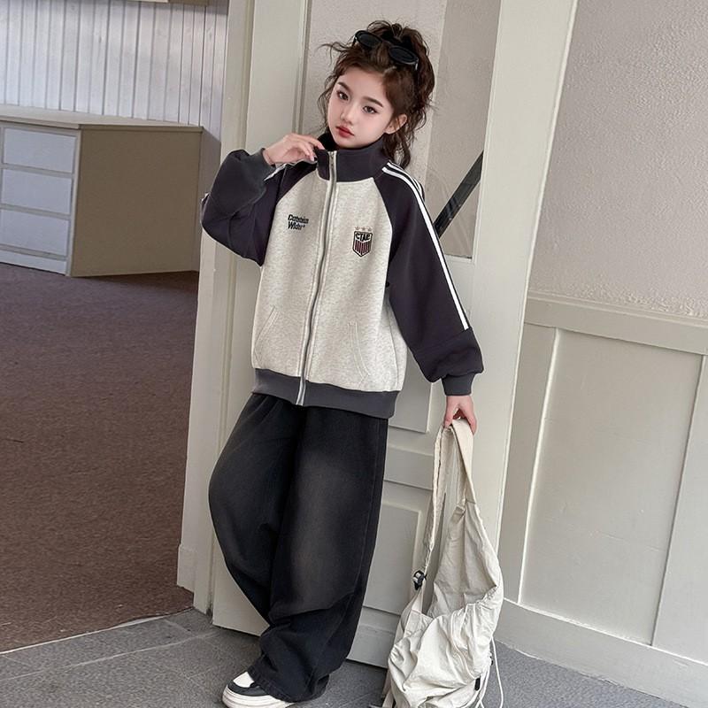 Girls Baseball Jacket Kids Casual Sport Coat Solid Color Letter Print 120-170cm