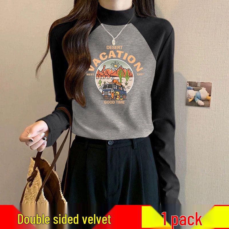 

Women s German Velvet Color Block Semi-High Neck Base Layer Shirt - Winter Warm Slim Fit Stretch L [Recommended for 105-115 lbs]