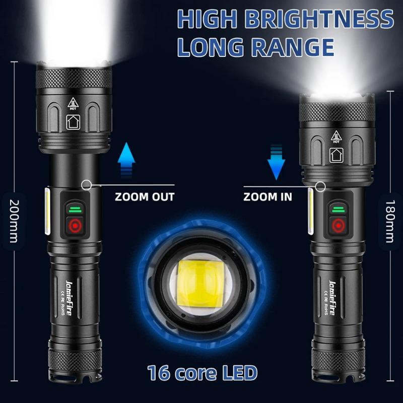 XHP160+COB Strong Light Torch Outdoor TYPE-C USB Rechargeable Flashlight Aluminum Alloy IPX5 Waterproof LED Lamp With Side Light