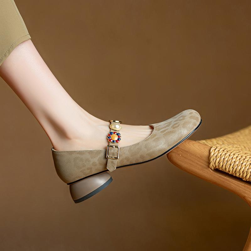 Krazing Pot Stain Sheep Skin Summer Size 40 Mary Janes Low Heels Gray Color Leopard Prints Round Toe Elegant Shallow Pumps