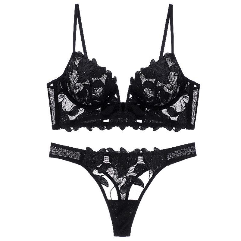 Embroidery Mesh Thong & Bra Set - Sexy Lingerie Dress 300A