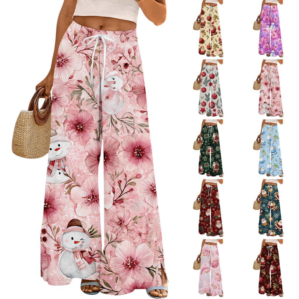 Ladies' Loose And Casual Christmas Printed Wide Leg Pants With Elastic Waistband Drawstring And Pocket Pants