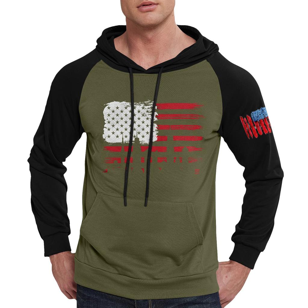 Herren Lässiges Kapuzen-Sweatshirt mit Kordelzug, lang, mit Flaggen-Print und Taschen