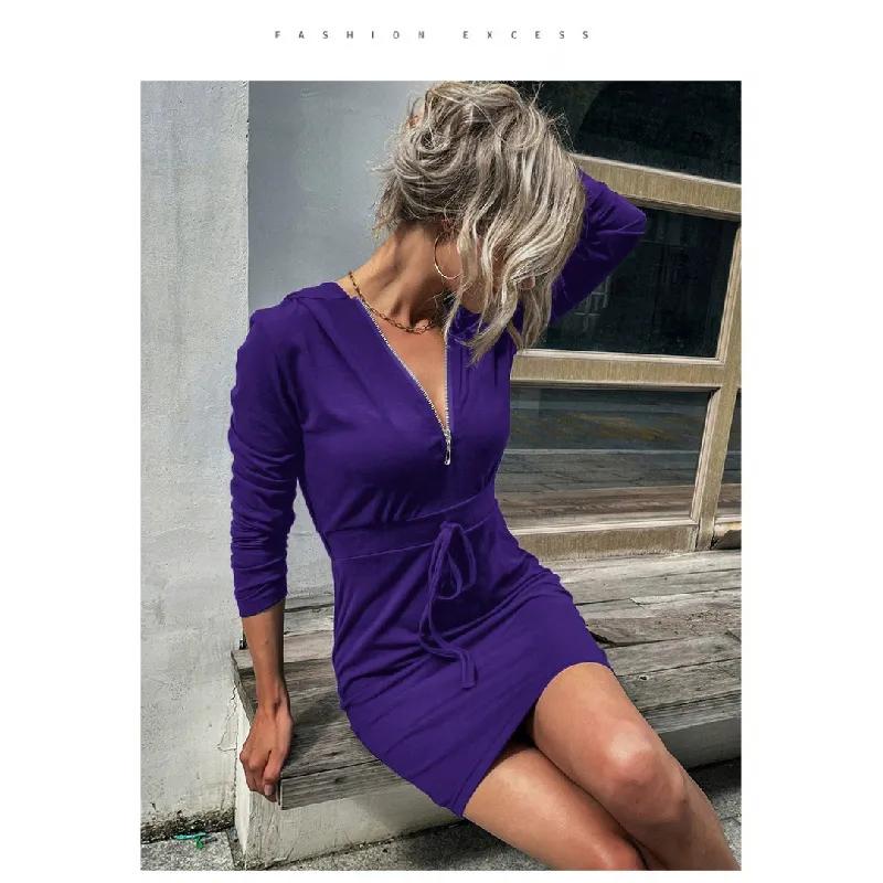 Abito da donna con cappuccio Maniche lunghe cerniera Scollo a V vita aderente avvolgente sui fianchi felpa abito
