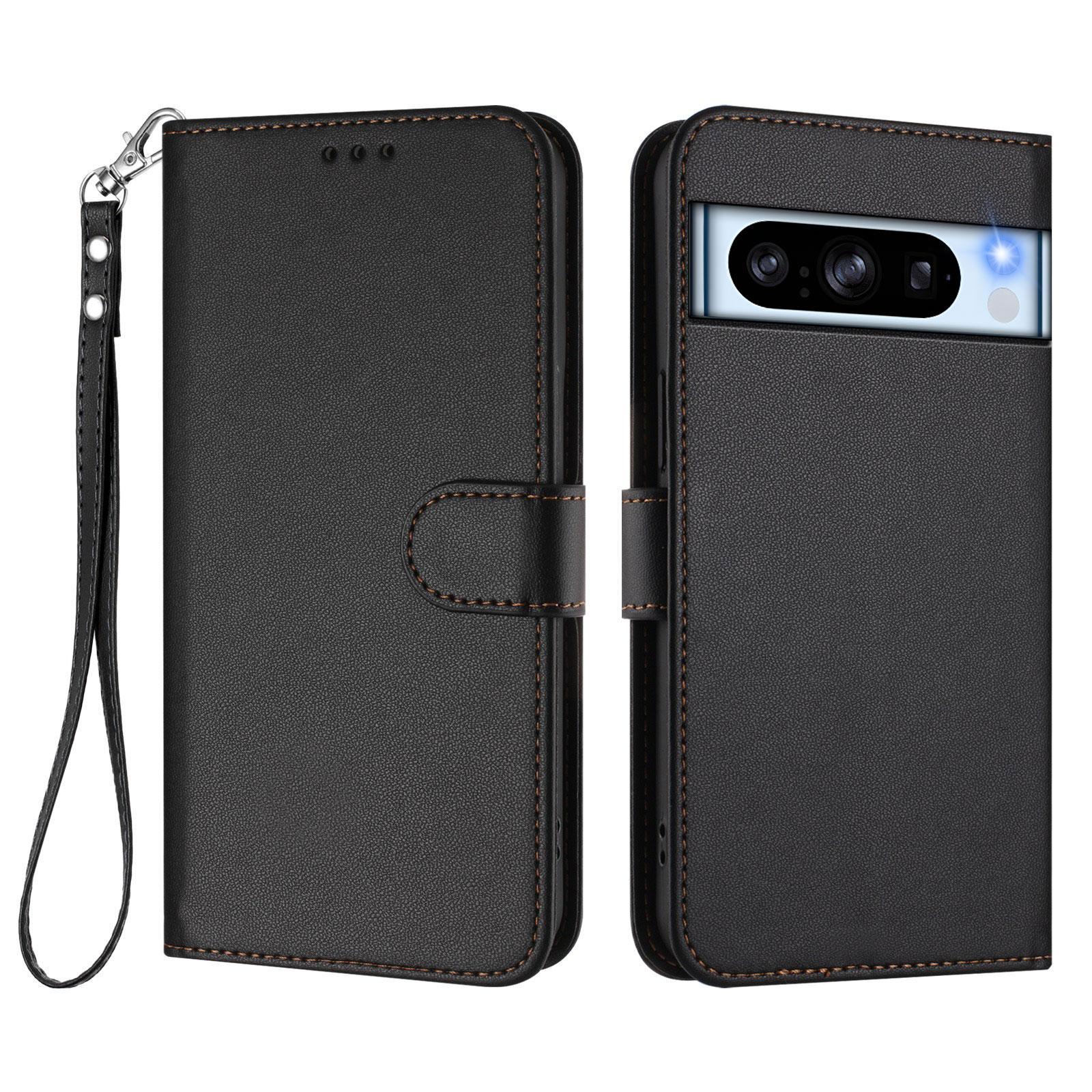 

For Google Pixel 8 Pro Leather Case Wallet Stand Phone Cover with Wrist Strap Black