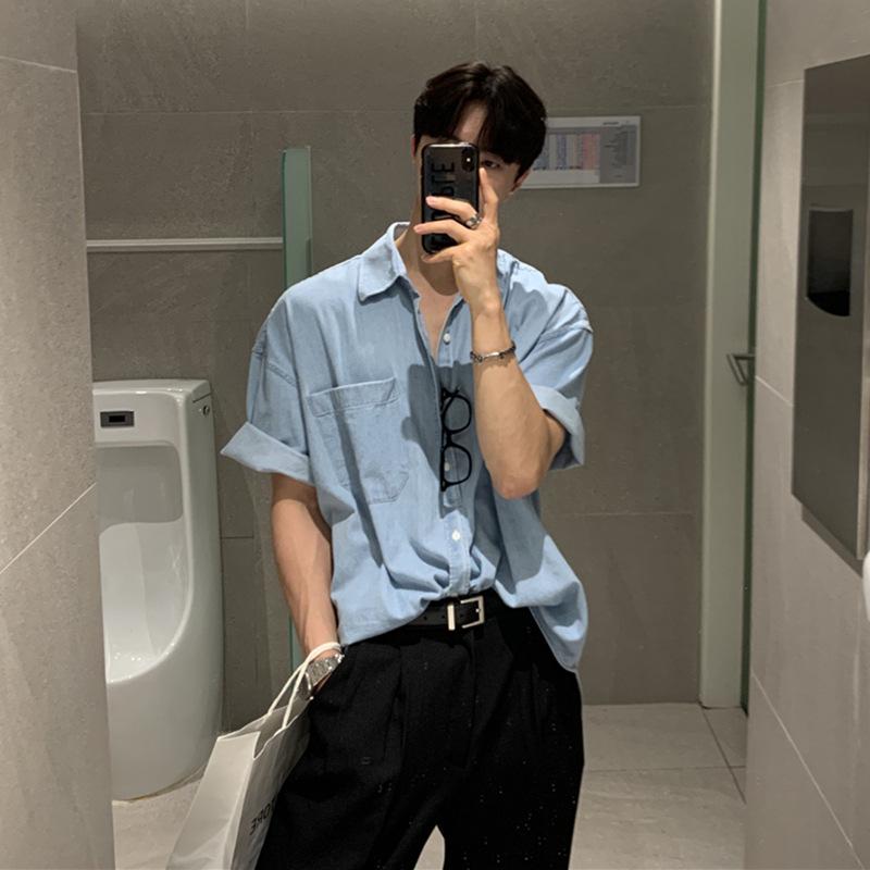 

Высококачественная мужская джинсовая рубашка с коротким рукавом - модная летняя повседневная куртка M светло-синий