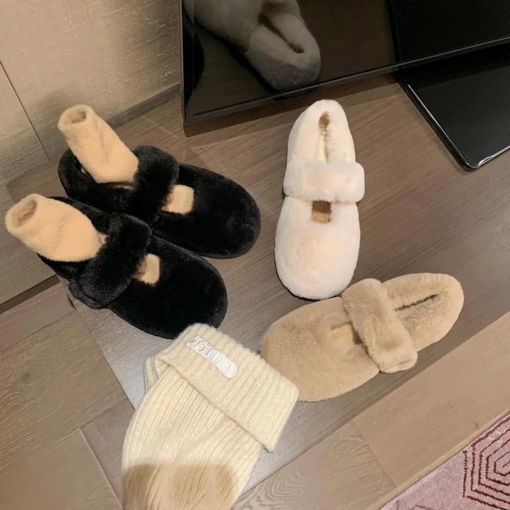 Módní dámské boty Mary Janes s kulatou špičkou a kožešinou Dámské zimní teplé plyšové mokasíny 2025 Nové baleríny z umělé kožešiny s bavlněnou výplní 43